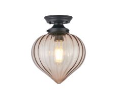 Mia 23cm Flush Ceiling Light With Flower Bud Shade 1 x E27, Satin Black/Cognac