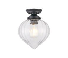 Mia 23cm Flush Ceiling Light With Flower Bud Shade 1 x E27, Satin Black/Clear