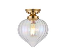 Mia 23cm Flush Ceiling Light With Flower Bud Shade 1 x E27, Brass/Iridescent Faded