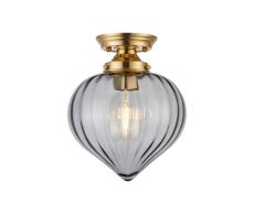 Mia 23cm Flush Ceiling Light With Flower Bud Shade 1 x E27, Brass/Smoke
