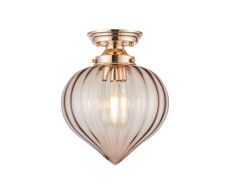 Mia 23cm Flush Ceiling Light With Flower Bud Shade 1 x E27, French Gold/Cognac