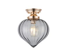 Mia 23cm Flush Ceiling Light With Flower Bud Shade 1 x E27, French Gold/Smoke