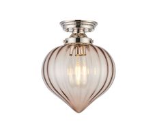 Mia 23cm Flush Ceiling Light With Flower Bud Shade 1 x E27, Polished Nickel/Cognac