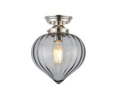 Mia 23cm Flush Ceiling Light With Flower Bud Shade 1 x E27, Polished Nickel/Smoke