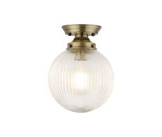 Mia Flush Ceiling Light With 20cm Acorn Ribbed Glass, 1 x E27, Antique Brass/Clear