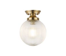 Mia Flush Ceiling Light With 20cm Acorn Ribbed Glass, 1 x E27, Brass/Clear
