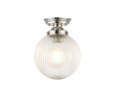 Mia Flush Ceiling Light With 20cm Acorn Ribbed Glass, 1 x E27, Polished Nickel/Clear