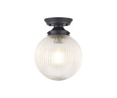 Mia Flush Ceiling Light With 20cm Acorn Ribbed Glass, 1 x E27, Satin Black/Clear
