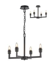 Isola 55cm Adjustable Multi Arm Pendant/Semi Ceiling (FRAME ONLY) Without Shade, 4 Light E27, c/w 1m Chain, Satin Black