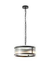 Bruschetta 35cm Pendant, 2 Light E27, Matt Black / Narrow Ribbed Clear (B) Glass