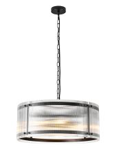 Bruschetta 56.5cm Pendant, 4 Light E27, Matt Black / Narrow Ribbed Clear (B) Glass