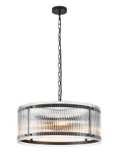 Bruschetta 56.5cm Pendant, 4 Light E27, Matt Black / Wide Ribbed Clear (C) Glass