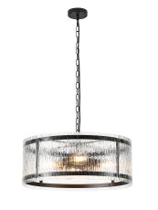 Bruschetta 56.5cm Pendant, 4 Light E27, Matt Black / Rippled Clear (F) Glass