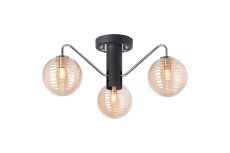 Novo 49cm Semi-Flush Ceiling Light, 3 x G9, Graphite/Chrome/Amber Ribbed Round Glass