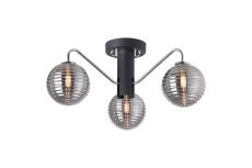 Novo 49cm Semi-Flush Ceiling Light, 3 x G9, Graphite/Chrome/Smoke Ribbed Round Glass