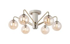 Novo 65cm Semi-Flush Ceiling Light, 6 x G9, Painted Beige/Antique Brass/Amber Smooth Round Glass