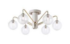 Novo 65cm Semi-Flush Ceiling Light, 6 x G9, Painted Beige/Antique Brass/Clear Ribbed Round Glass