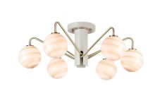 Novo 65cm Semi-Flush Ceiling Light, 6 x G9, Painted Beige/Antique Brass/Brown Round Marble Effect Glass