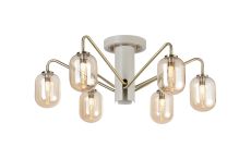 Novo 65cm Semi-Flush Ceiling Light, 6 x G9, Painted Beige/Antique Brass/Amber Smooth Tubular Glass