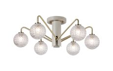 Novo 65cm Semi-Flush Ceiling Light, 6 x G9, Painted Beige/Antique Brass/Clear Cross Pattern Round Glass