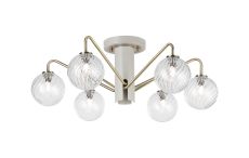 Novo 65cm Semi-Flush Ceiling Light, 6 x G9, Painted Beige/Antique Brass/Clear Swirl Round Glass
