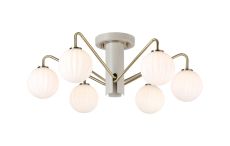 Novo 65cm Semi-Flush Ceiling Light, 6 x G9, Painted Beige/Antique Brass/Opal Round Segment Glass