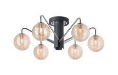 Novo 65cm Semi-Flush Ceiling Light, 6 x G9, Graphite/Chrome/Amber Ribbed Round Glass