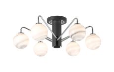Novo 65cm Semi-Flush Ceiling Light, 6 x G9, Graphite/Chrome/Grey Round Marble Effect Glass