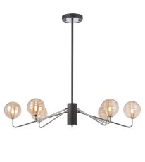 Novo 87cm Multi Height Pendant, 6 x G9, Graphite/Chrome/Amber Ribbed Round Glass