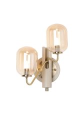 Novo Wall Light Switched, 2 x G9, Painted Beige/Antique Brass/Amber Smooth Tubular Glass