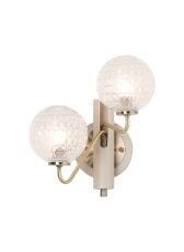 Novo Wall Light Switched, 2 x G9, Painted Beige/Antique Brass/Clear Cross Pattern Round Glass