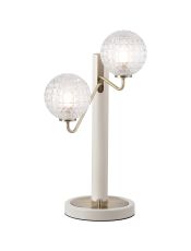 Novo Table Lamp Switched, 2 x G9, Painted Beige/Antique Brass/Clear Cross Pattern Round Glass