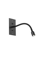 Luzia USB Wall Lamp, 1 Light Adjustable Switched Fits A Standard Double Socket Box, 1 x 3W LED, 3000K, 270lm, Satin Black, 3yrs Warranty