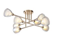 Giuseppe 84cm Crossed Arm Semi Flush With Curved Cone Glass (U), 8 Light G9, French Gold/Iridescent/Opal