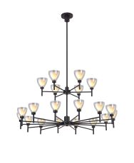 Giuseppe 113cm 2-Tier Pendant With Curved Cone Glass (U), 20 Light G9, Satin Black/Iridescent/Opal