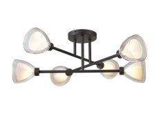 Giuseppe 68cm Crossed Arm Semi Flush With Curved Cone Glass (U), 6 Light G9, Satin Black/Iridescent/Opal