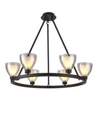 Giuseppe Round Fixed Pendant With Curved Cone Glass (U), 6 Light G9, Satin Black/Iridescent/Opal