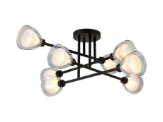 Giuseppe 84cm Crossed Arm Semi Flush With Curved Cone Glass (U), 8 Light G9, Satin Black/Iridescent/Opal