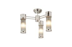 Toscano 3 Light Glass Rod Semi Flush, E14, IP44, Polished Nickel/Clear Glass Rods
