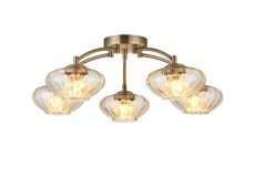 Zarza 55.5cm Flush Ceiling Light, 5 Light G9, Antique Brass/Cognac Glass/Clear Crystal