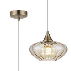Zarza 20cm Pendant, 1 Light E14, Antique Brass/Cognac Glass/Clear Crystal