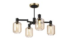 Erdi Swing Arm Semi Ceiling, 4 Light E14, Brass/Satin Black/Amber Striped Cylinder Glass