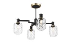 Erdi Swing Arm Semi Ceiling, 4 Light E14, Brass/Satin Black/Clear Twisted Cylinder Glass