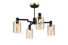 Erdi Swing Arm Semi Ceiling, 4 Light E14, Brass/Satin Black/Amber Uniform Dimple Cylinder Glass