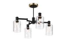 Erdi Swing Arm Semi Ceiling, 4 Light E14, Brass/Satin Black/Clear Uniform Dimple Cylinder Glass