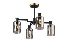 Erdi Swing Arm Semi Ceiling, 4 Light E14, Brass/Satin Black/Smoke Uniform Dimple Cylinder Glass