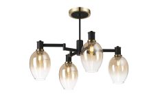Erdi Swing Arm Semi Ceiling, 4 Light E14, Brass/Satin Black/Amber Fade Wine Glass Glass
