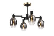 Erdi Swing Arm Semi Ceiling, 4 Light E14, Brass/Satin Black/Smoke Fade Wine Glass Glass