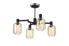 Erdi Swing Arm Semi Ceiling, 4 Light E14, Satin Nickel/Satin Black/Amber Striped Cylinder Glass