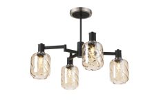 Erdi Swing Arm Semi Ceiling, 4 Light E14, Satin Nickel/Satin Black/Amber Twisted Cylinder Glass